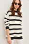 Women's Ecru Black Striped Oversize Thick Sweatshirt Swt-19000665 - 4