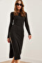 Women's Black Side Deep Zip Slit Stretchy Midi Dress Elb- 19002257 - 5
