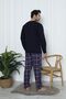 Long Sleeve Plaid Crew Neck Printed Navy Blue Color Men's Pajamas Set - 2