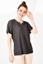 Women's Turn-down Collar Short Sleeve Jacquard Fabric Blouse Black - 5
