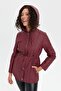 Women's Hooded Waist-Tie Short Quilted Coat Burgundy - 7