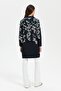 Women's High Collar Floral Long Wool Cardigan Dark Blue - 7