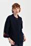 Women's Stand Collar Short Woolen Jacket with Embroidered Sleeves and Collar, Dark Blue
