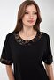 Women's Crew Neck Sleeves and Collar Patterned Combed Cotton Dress Black - 5