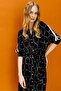 Women's Shirt Collar Pearl Buttoned Combed Cotton Dress Black/ecru