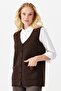 Women's V-Neck Shoulder Pocket Cover Felt Embroidered Button Vest Dark Brown - 2
