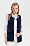 Women's Crew Neck Embroidered Short Wool Vest with Pocket, Dark Blue