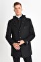 Men's Black Wool Blend Cashmere Hooded Coat with Zipper and Buttons on the Front
