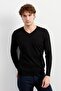 Men's V-Neck Patterned Plain Sweater Black - 2