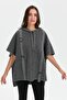 Women's Hooded Wool Poncho with Felt Embroidery on the Front and Zipper, Smoked - 2