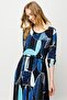 Women's Crew Neck Striped Colorful Patterned Combed Cotton Dress Navy Blue - 7