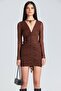 2407 Gathered V-Neck Brown Tulle Dress - 4