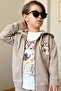 Boy's Wolf Digital Printed Sweatshirt Wolf Lettering Detailed Hooded Cream Jacket Tracksuit Set - 3