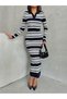 Women's Navy Blue Polo Neck Striped Long Sleeve Knitwear Dress - 8