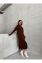 Women's Brown Stylish Stripe Detailed Long Sleeve Midi Knitwear Dress - 5