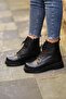 (Ri̇o) Black Genuine Leather Zippered Boots with Lace Detail - 8
