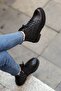 (Ri̇o) Black Genuine Leather Zippered Boots with Lace Detail - 7
