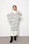 Zippered Collar Thin Striped Knitwear Dress Ecru