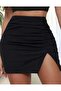 Plus Size Mini Skirt with Slight Gathering at the Front and Slit Detail - 2