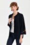 Women's Stand Collar Short Woolen Jacket with Embroidered Sleeves and Collar, Dark Blue - 4