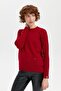 Women's Crew Neck Seamless Wool Sweater with Pockets, Dark Red - 7