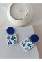 Steel Earrings Apparatus & Ceramic Pattern Polymer Clay Earrings Handmade Blue & White Colored - 5