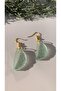 Mint Green - Serrated and Crystal Patterned Semicircular Epoxy Earrings with Gold Accessories