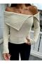Boat Neck Knit Sweater with Front Button Closure and Open Shoulders - 2