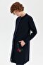 Women's Stand Collar Pocket Embroidered Long Wool Cardigan Dark Blue - 2
