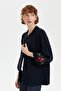 Women's Stand Collar Short Woolen Jacket with Embroidered Sleeves and Collar, Dark Blue - 8