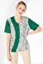Women's V-Neck Short Sleeve Floral Printed Combed Cotton Blouse Dark Green - 8
