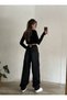 Comfortable Loose Women's Trousers - Black Baggy Buckle Detailed, Loose Fit Wide Leg Jeans - 4