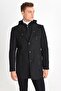 Men's Black Wool Blend Cashmere Hooded Coat with Zipper and Buttons on the Front - 2