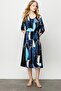 Women's Crew Neck Striped Colorful Patterned Combed Cotton Dress Navy Blue - 2