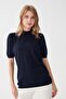 Women's Lycra Short Sleeve Half Fisherman Blouse Dark Navy Blue - 7