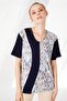 Women's V-Neck Short Sleeve Floral Printed Combed Cotton Blouse Navy Blue