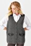 Women's V-Neck Shoulder Pocket Cover Felt Embroidered Buttoned Vest Smoked - 5
