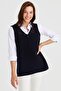 Women's V-Neck Lace Embroidered Wool Vest Dark Blue - 3