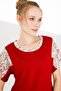 Women's Crew Neck Low Sleeve Floral Printed Combed Cotton Blouse Red - 3