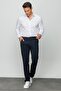 Men's Elastic Waist White Striped Cotton Trousers Navy Blue - 2