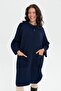 Women's Stand Collar Pocket Rose Embroidered Zippered Poncho Navy Blue - 5