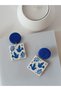 Steel Earrings Apparatus & Ceramic Pattern Polymer Clay Earrings Handmade Blue & White Colored - 3