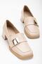 Blunt Toe Nude Women's Thick Heeled Shoes with Metal Accessories