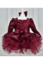 Girl - Burgundy Sequined, Long Sleeve Puffy Dress - 4