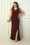 Front Back V Neck Sleeve and Waist Stone Detailed Lined Draped Glitter Plus Size Lycra Long Dress - 2