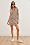 Women's Beige Ethnic Patterned Knitwear Tunic Dress Elb- 19002253 - 8