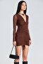 2407 Gathered V-Neck Brown Tulle Dress