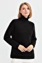 Women's Full Turtleneck Shoulder Hair Braided Wool Sweater Black - 3