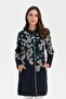 Women's High Collar Floral Long Wool Cardigan Dark Blue - 2