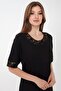Women's Crew Neck Sleeves and Collar Patterned Combed Cotton Dress Black - 7
